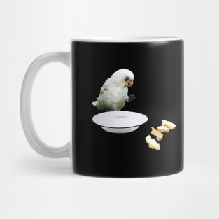 Cartoon bird. Eating and drinking Mug